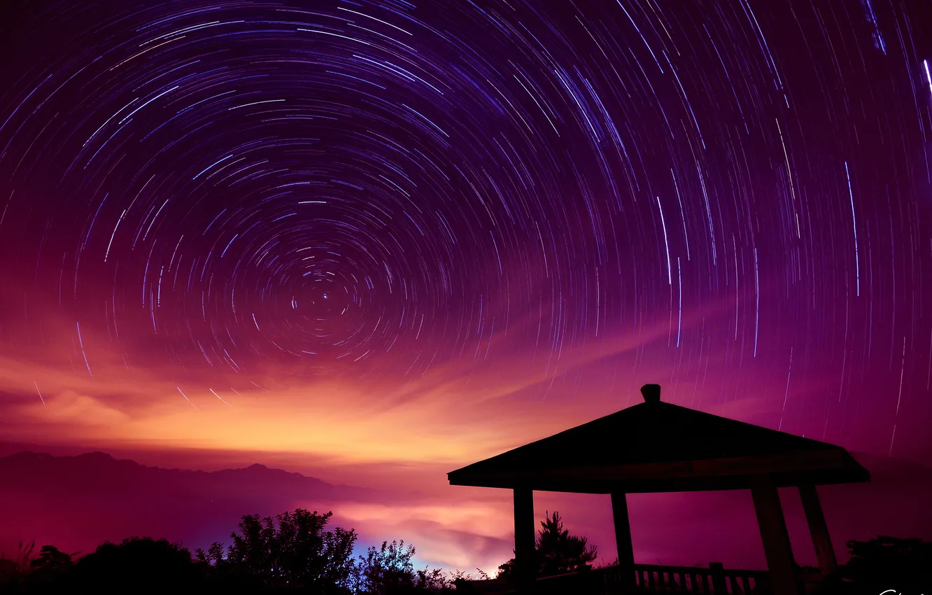 Photo wallpaper stars, circles, night, building, silhouette, shooting, starry sky