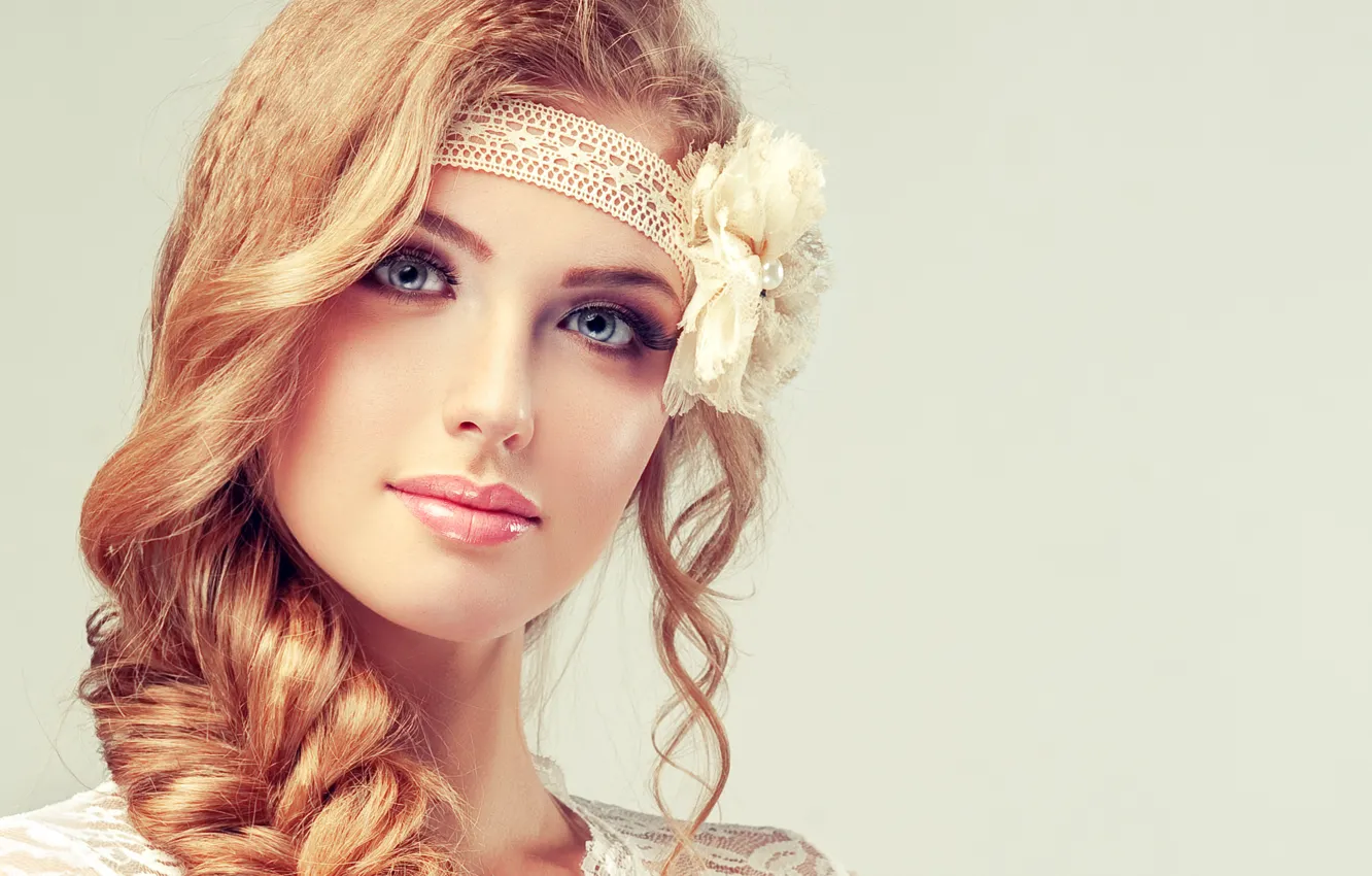 Photo wallpaper look, girl, flowers, face, smile, makeup, braid