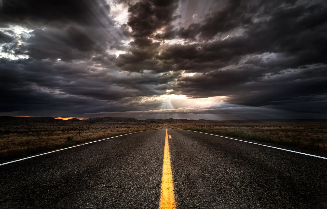 Photo wallpaper road, sunset, clouds