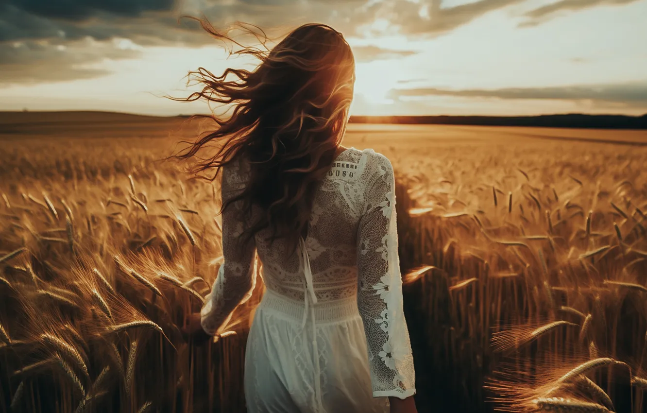 Photo wallpaper field, girl, sunset, rye, ears, walk, white dress, cereals