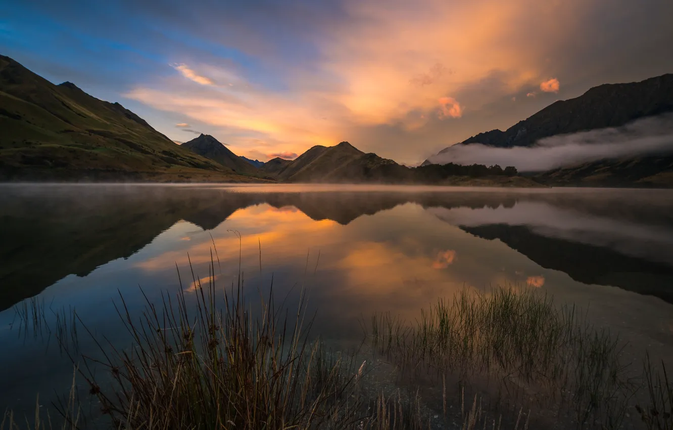 Photo wallpaper sunset, mountains, shore, pond