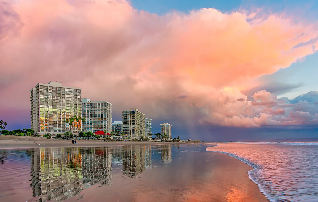 Photo wallpaper beach, clouds, CA, pink, San Diego