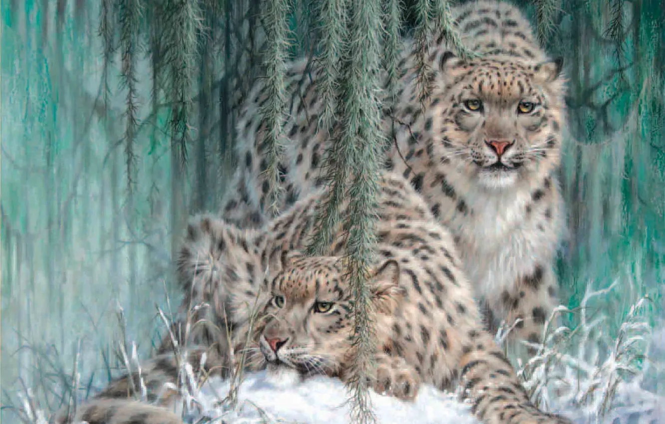 Photo wallpaper winter, snow, IRBIS, snow leopard, painting, leopards, Ghost In The Moonlight, Larry Fanning