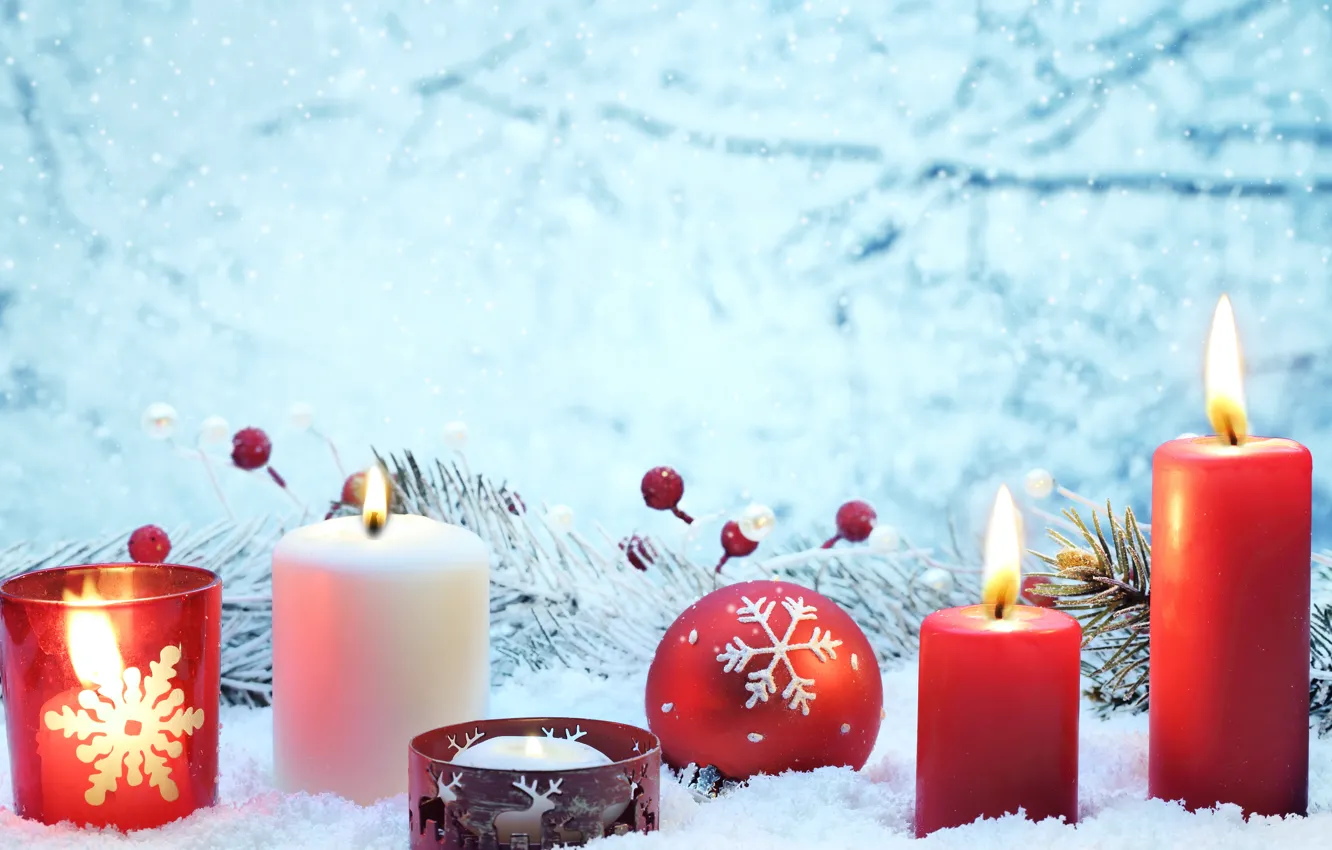 Photo wallpaper snow, decoration, red, lights, lights, cherry, balls, candles