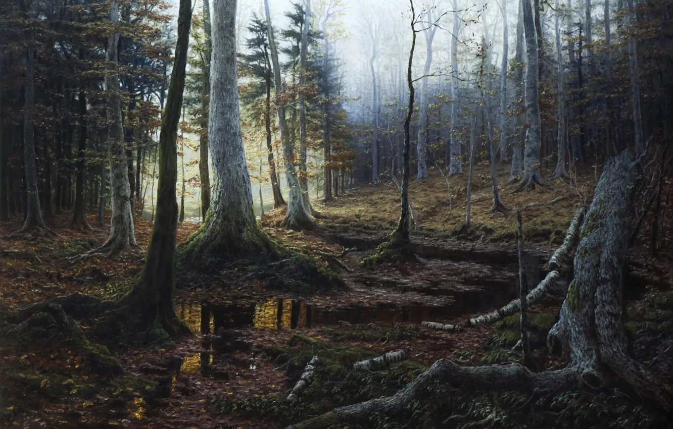 Photo wallpaper Figure, Trees, Forest, Morning, Picture, Painting, Michael Handt, by Michael Handt