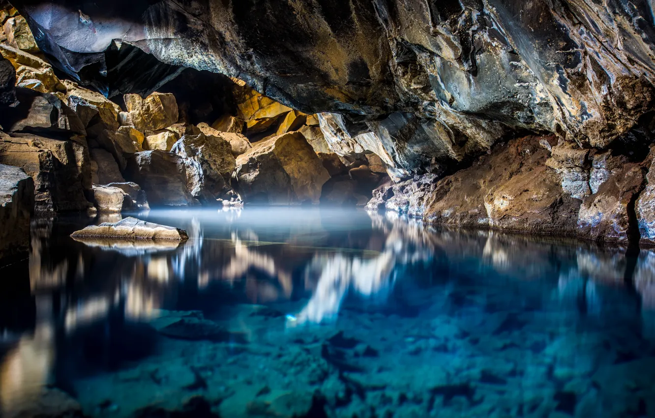 Photo wallpaper water, light, nature, lake, stones, cave, Iceland, Mivatn