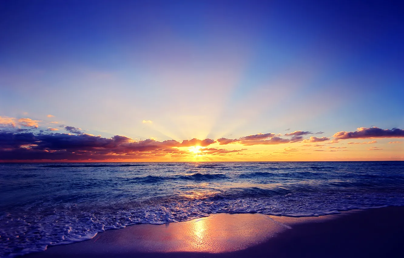 Photo wallpaper sea, the sun, clouds, sunset, clouds, shore
