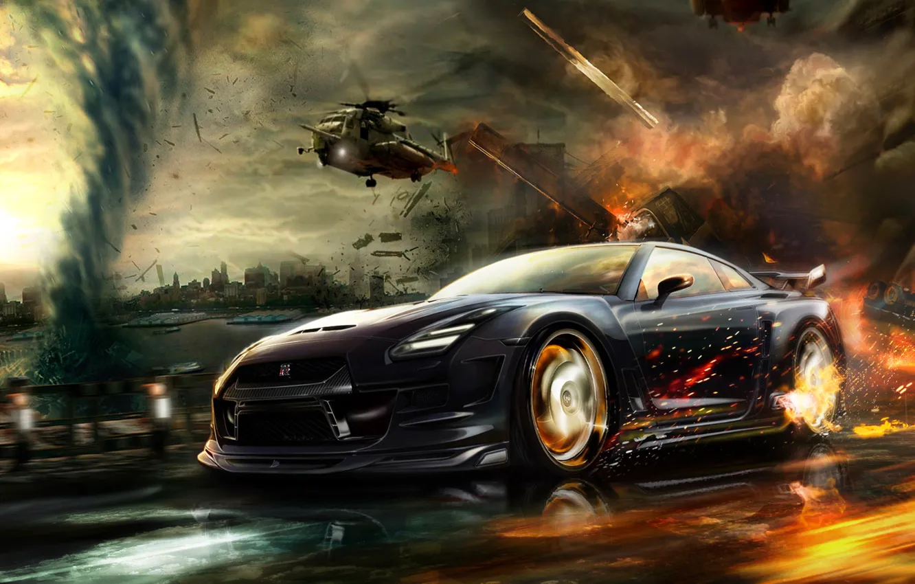 Photo wallpaper car, machine, the city, fire, speed, chase, helicopters, car