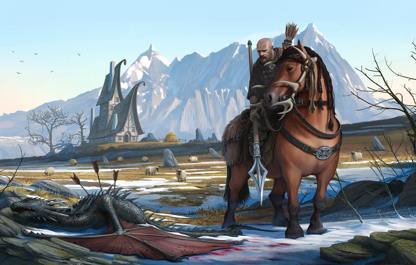 Photo wallpaper mountains, horse, dragon, horse, warrior, fantasy, art, the plot