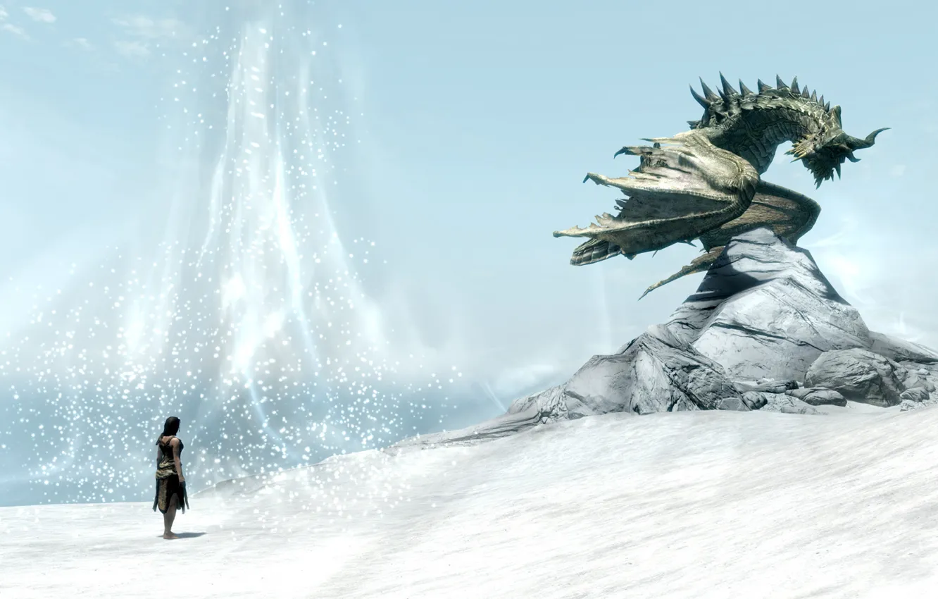Photo wallpaper winter, girl, snow, rocks, dragon, Skyrim, The Elder Scrolls V