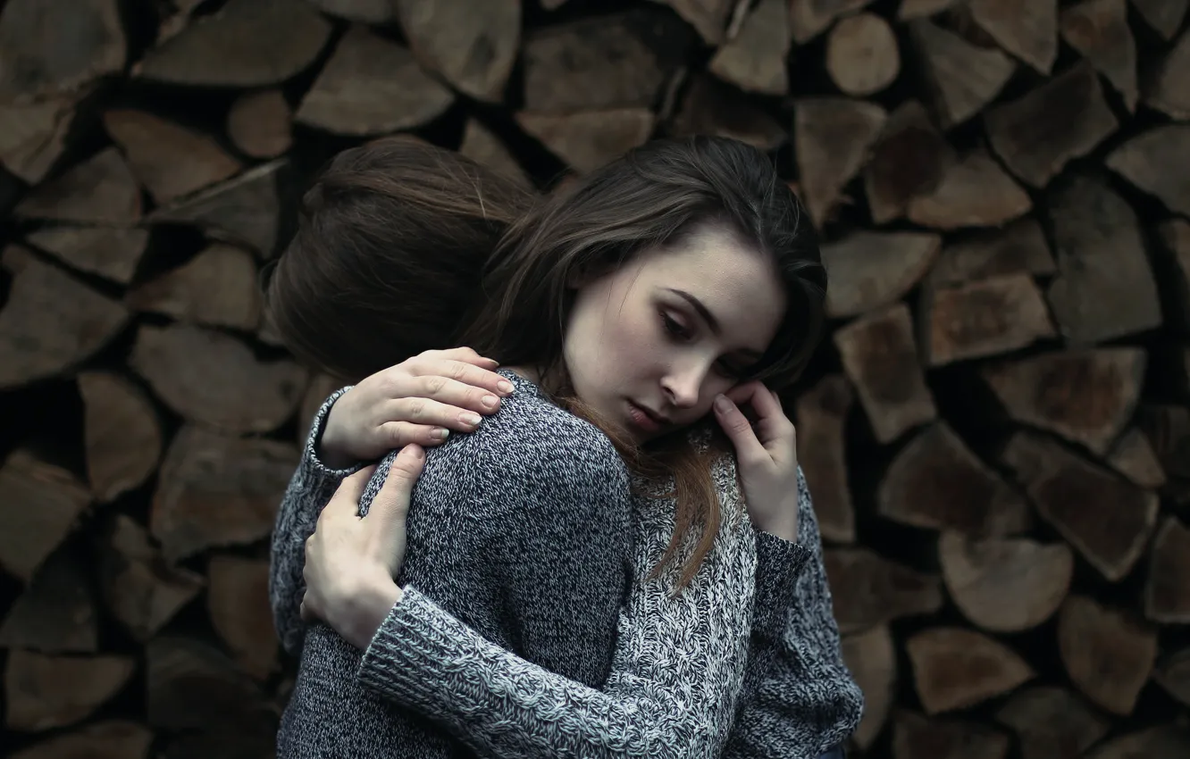 Photo wallpaper wood, two girls, bokeh, hugs, Vicki Heger