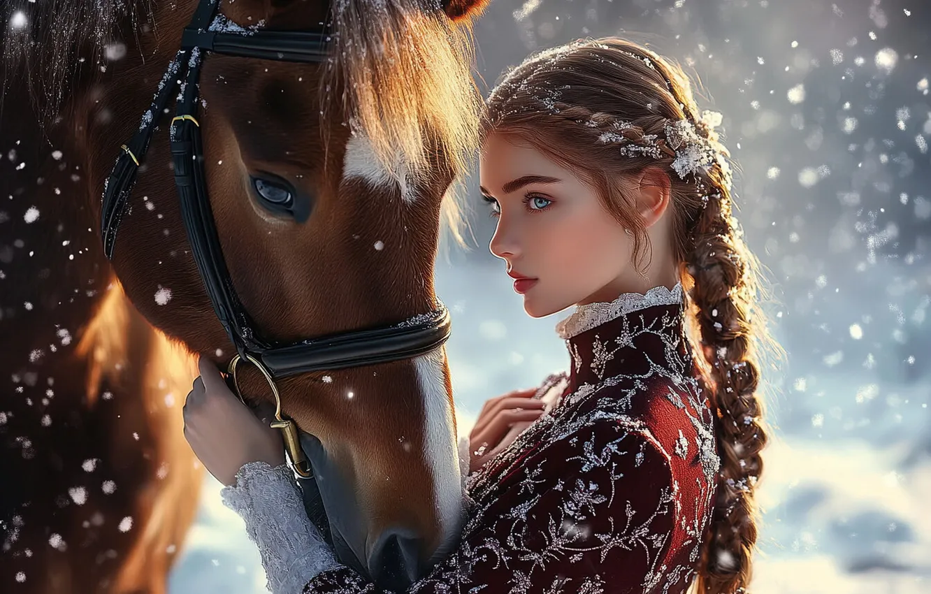 Photo wallpaper winter, look, girl, snow, nature, horse, horse, beauty