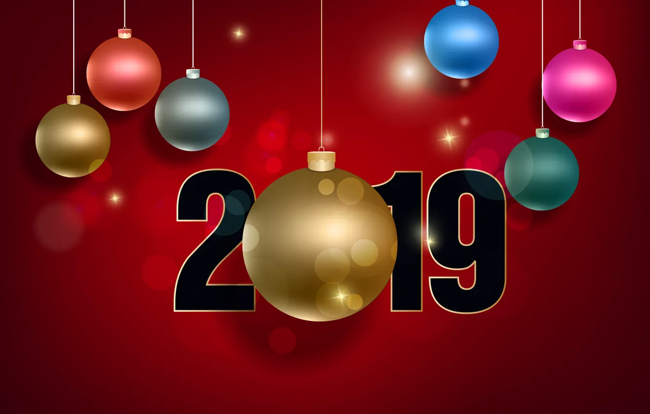 Photo wallpaper gold, balls, colorful, New Year, figures, golden, balls, red background
