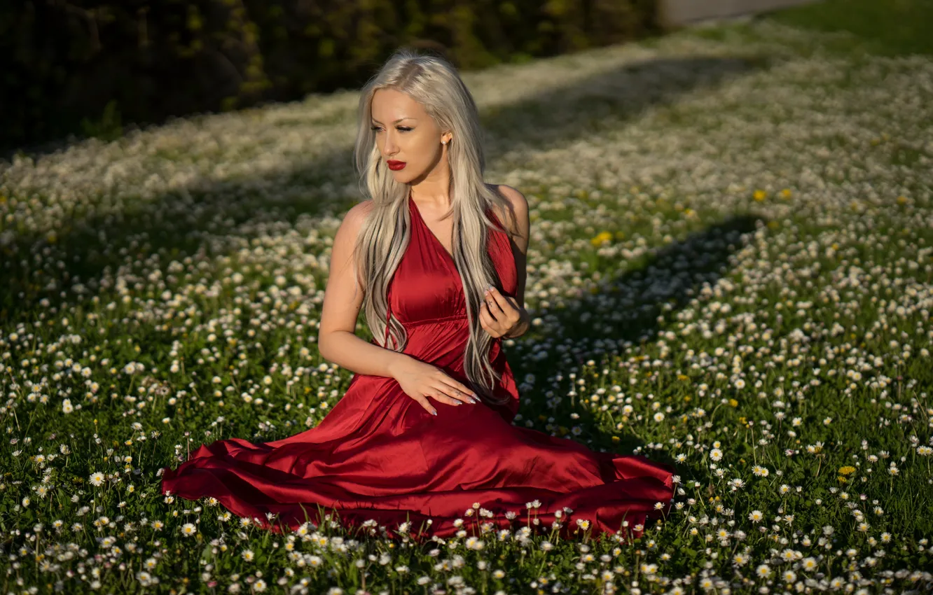 Photo wallpaper red, face, model, dress, blonde, Adrijana