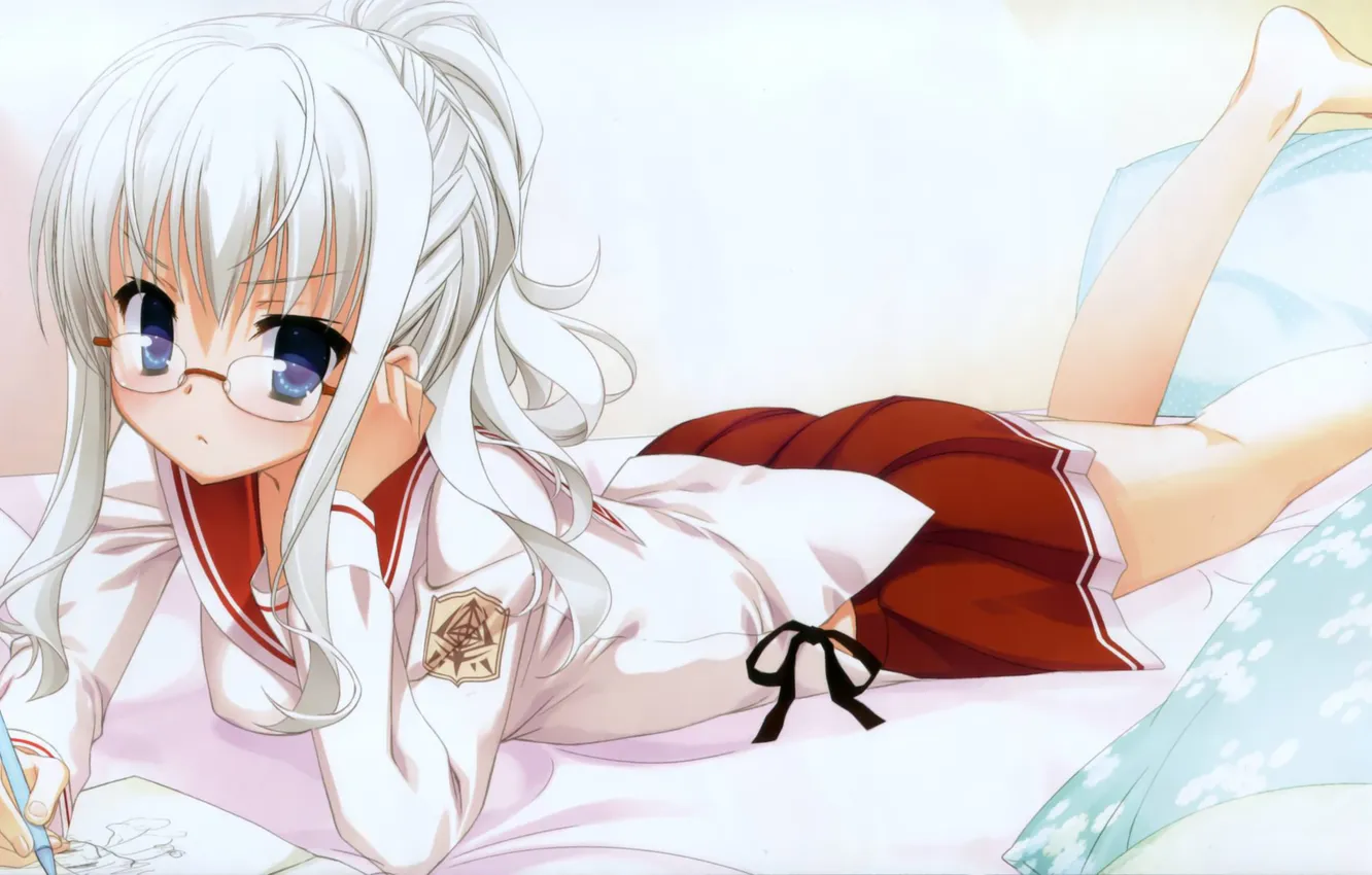 Photo wallpaper girl, pencils, glasses, bed, lies, form, notebook