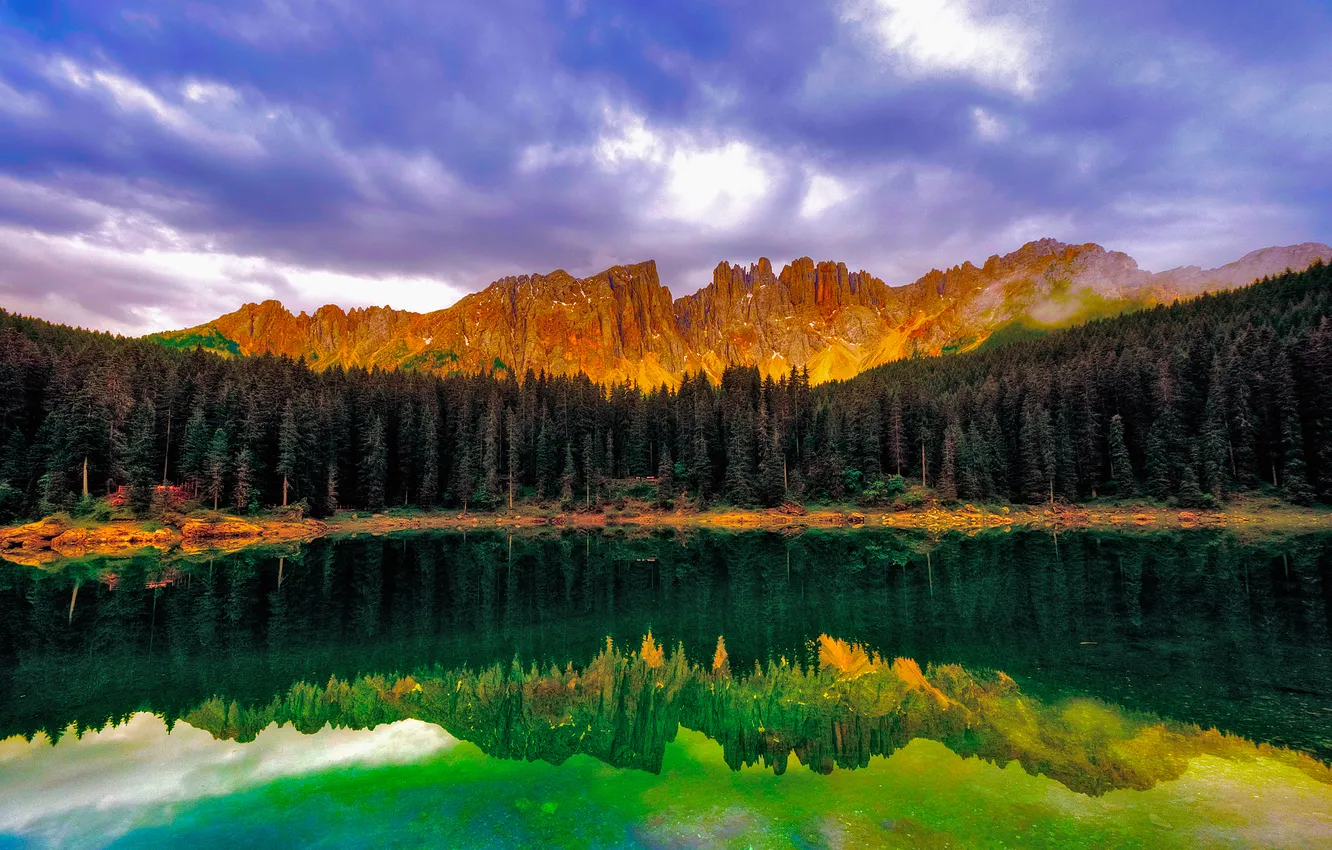 Photo wallpaper forest, the sky, clouds, mountains, lake, reflection