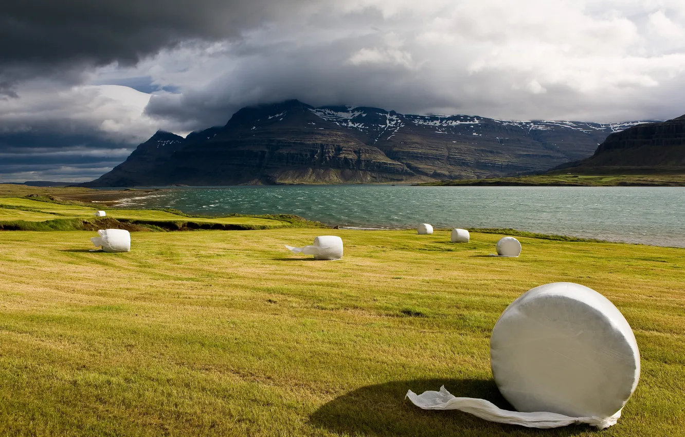 Photo wallpaper field, clouds, rocks, hay, Iceland, Sergey Dolya