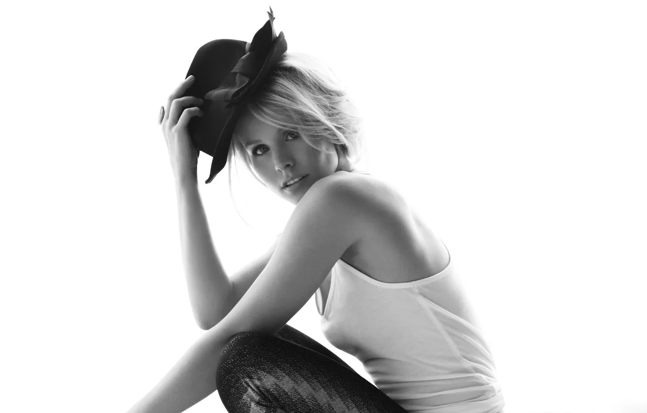Photo wallpaper hat, b/W photo, Kristen Bell, Kristen Bell