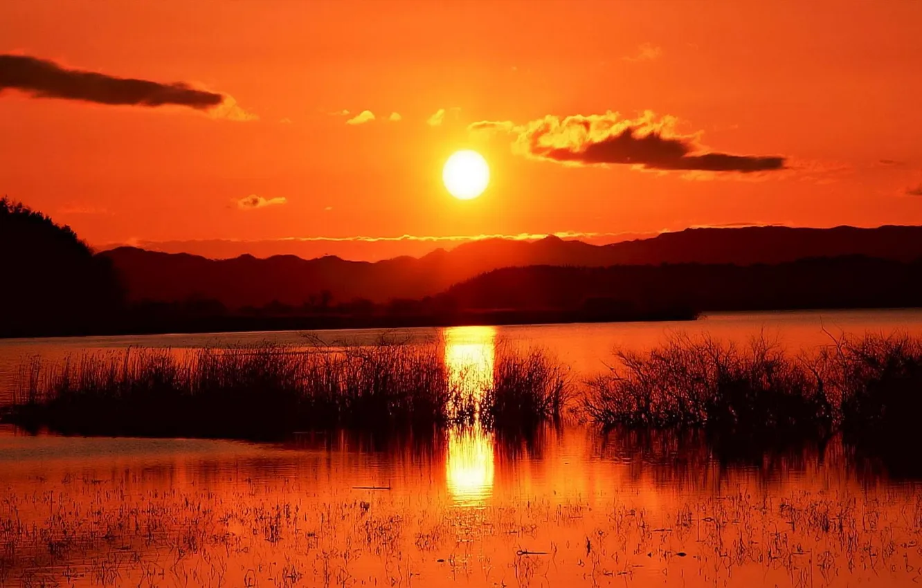 Photo wallpaper water, the sun, clouds, sunset, mountains, orange, river, vegetation