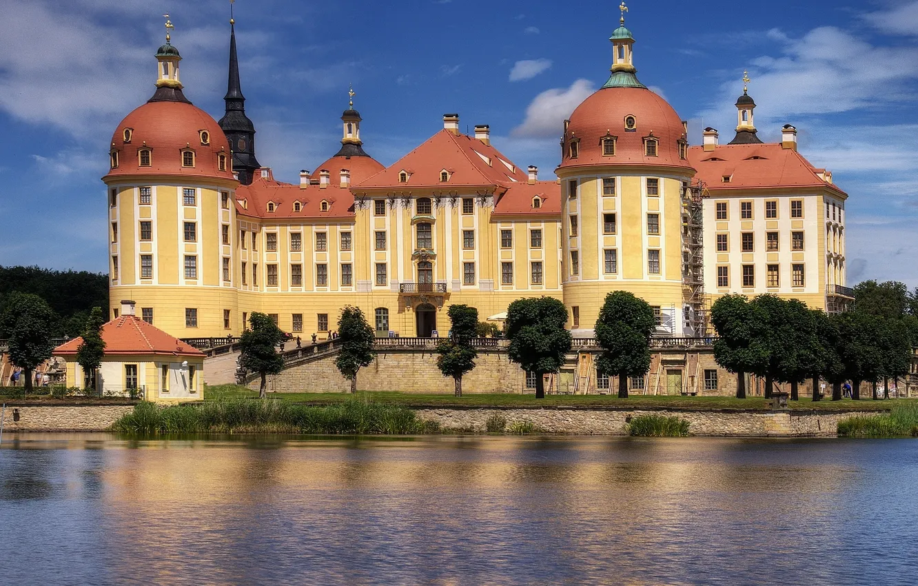 Photo wallpaper water, trees, Germany, Castle, Germany, spires, castle, Saxony