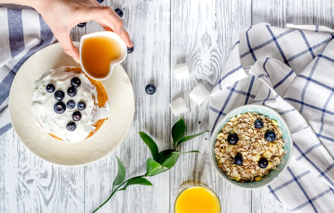 Photo wallpaper berries, Breakfast, juice, pancakes, breakfast, muesli, pancakes, sour cream