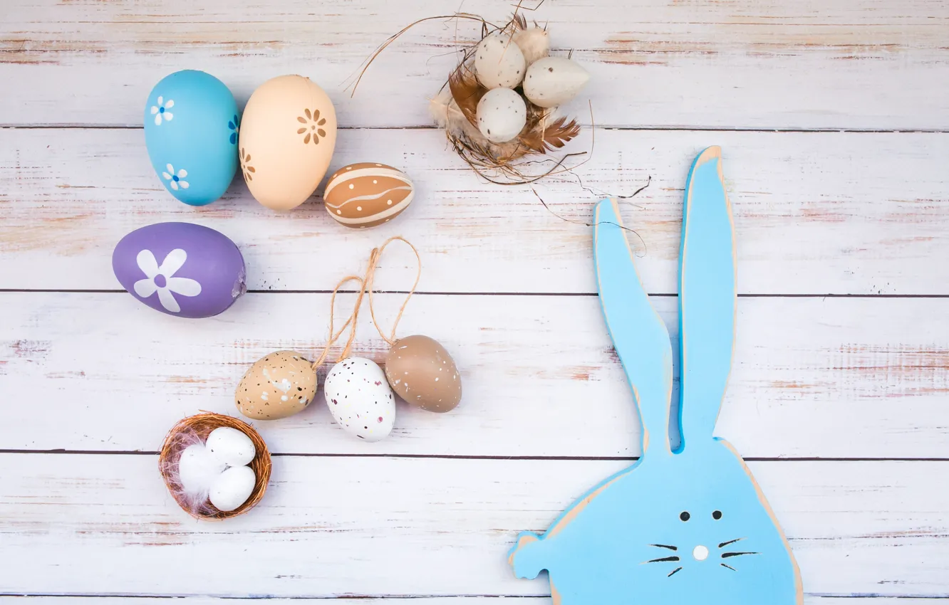 Photo wallpaper eggs, Easter, wood, spring, Easter, eggs, bunny, decoration