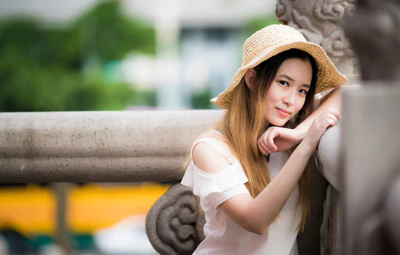 Photo wallpaper look, girl, hat, Asian, cutie, bokeh