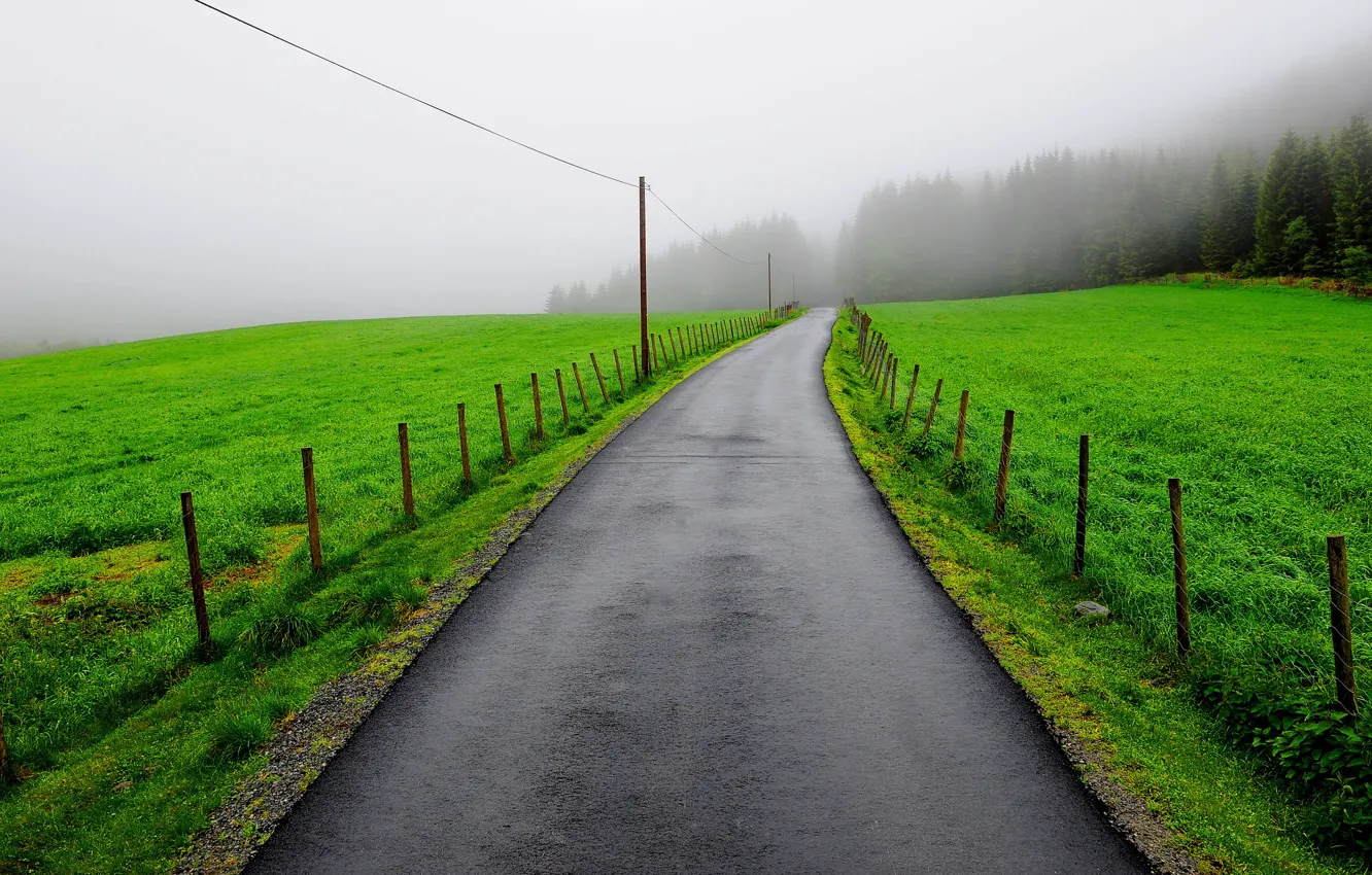 Photo wallpaper road, field, fog, the fence