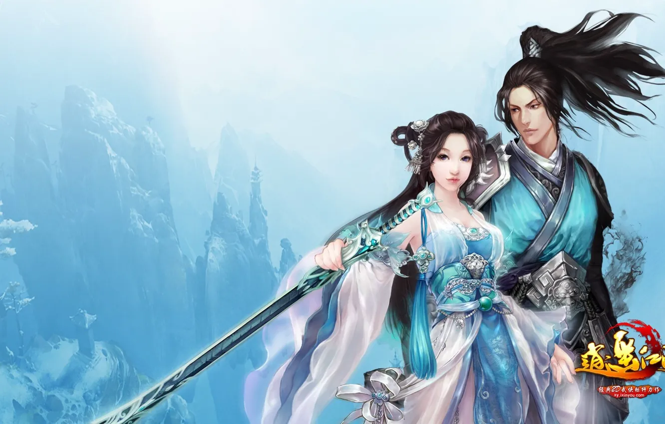 Photo wallpaper girl, background, sword, guy, two, Happy Lakes
