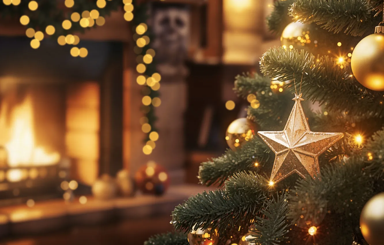 Photo wallpaper stars, balls, new year, Christmas, fireplace, Christmas decorations, Christmas tree, AI art