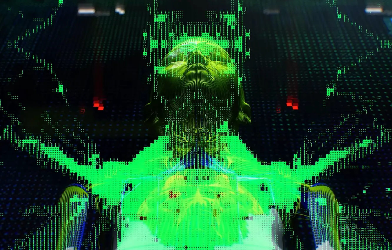 Photo wallpaper green, texture, head, pixels, cyberpunk, Bungie, marathon
