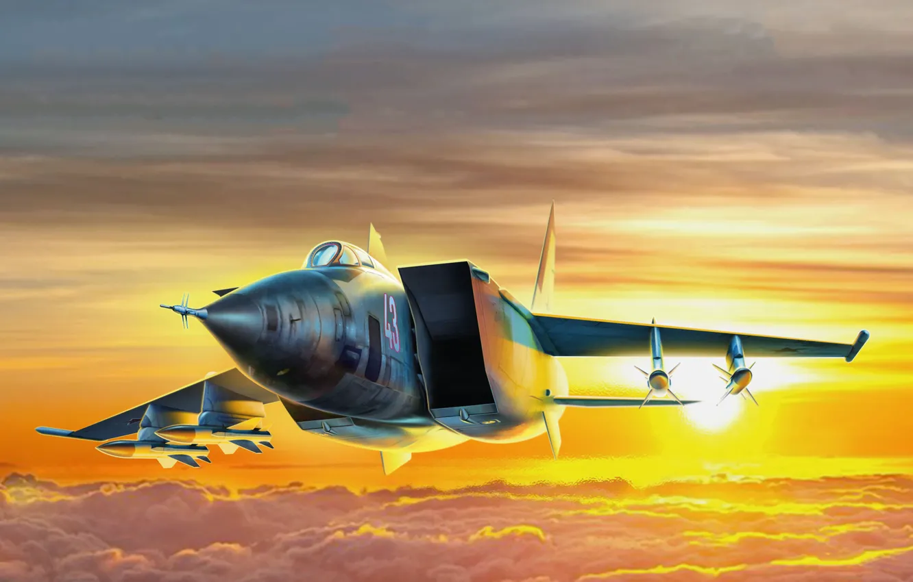 Photo wallpaper clouds, MiG-25БМ, THE SOVIET AIR FORCE, The aircraft penetration, The MiG-25, USSR, the sun