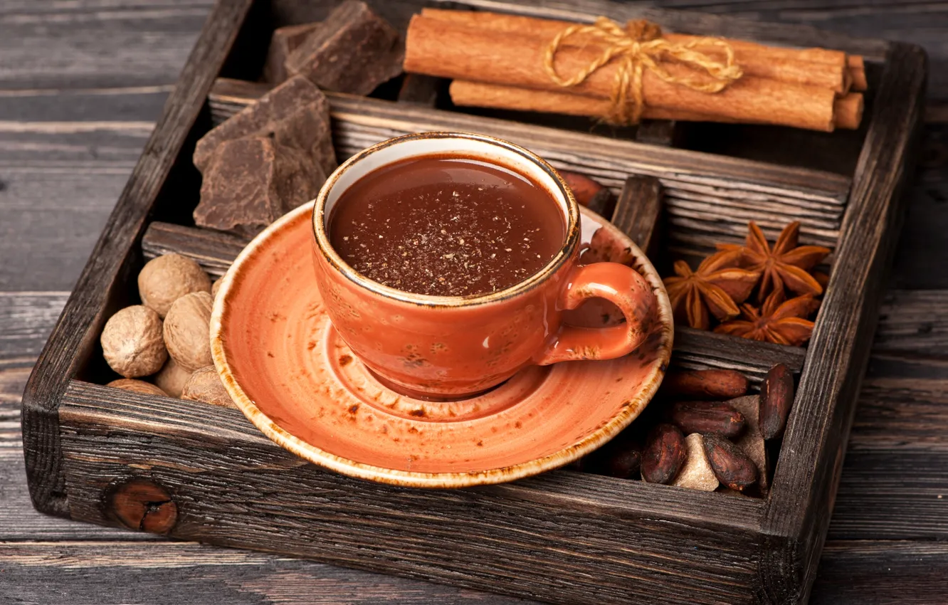 Photo wallpaper hot, chocolate, Cup, drink, nuts, cinnamon, saucer, spices
