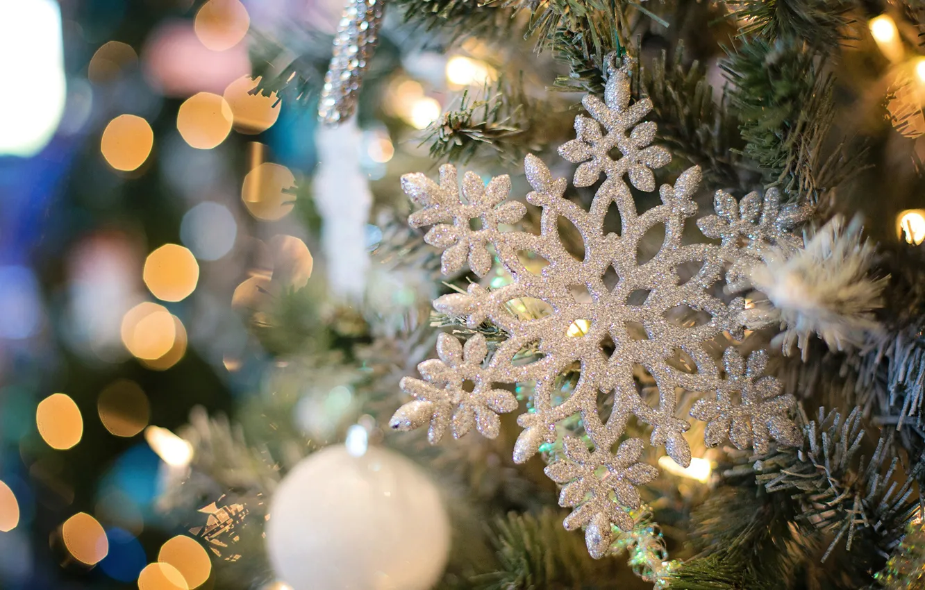 Photo wallpaper glare, Christmas, New year, tree, snowflake