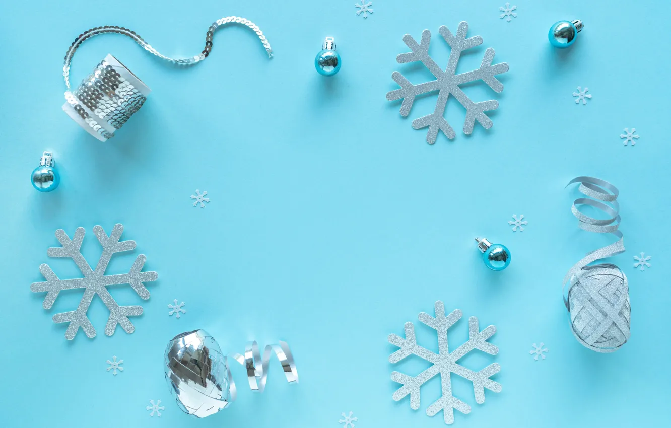 Photo wallpaper winter, balls, snowflakes, holiday, Christmas, New year, serpentine, blue background