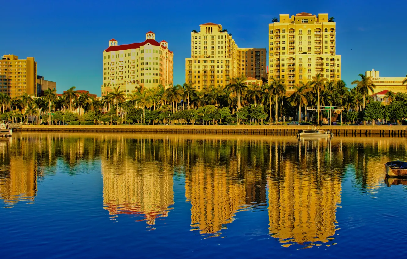 Photo wallpaper the sky, the sun, palm trees, boat, home, FL, USA, promenade
