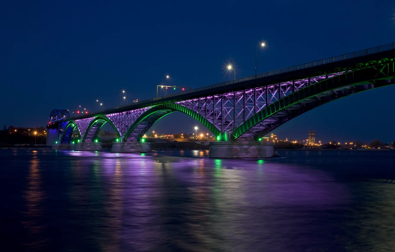 Photo wallpaper night, bridge, the city, lights, Bay, Peace bridge