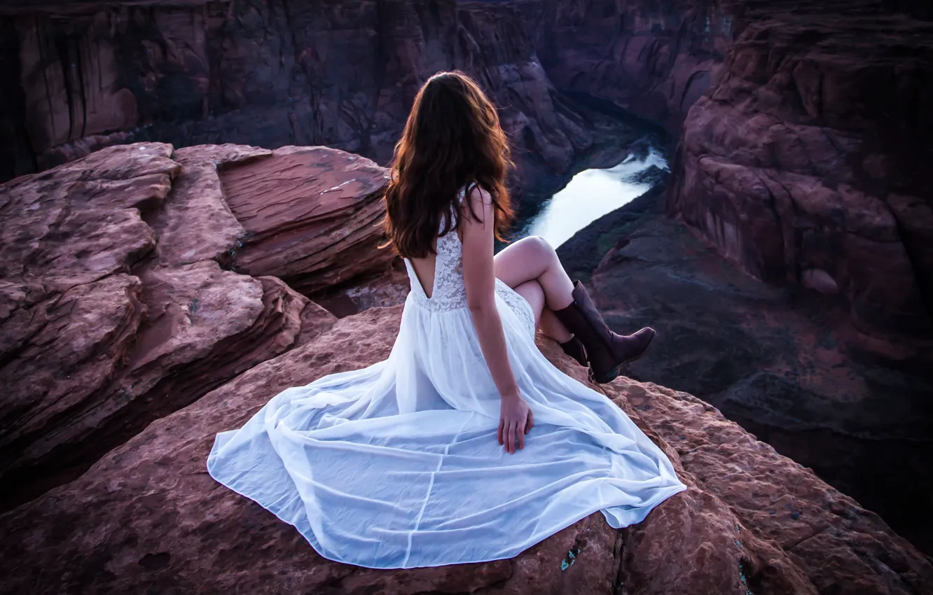 Photo wallpaper girl, river, view, height, gorge, River Throne