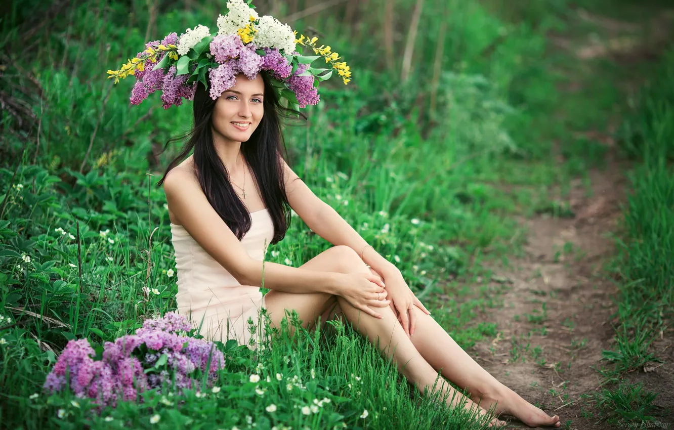 Photo wallpaper girl, flowers, nature, pose, smile, spring, lilac, Sergey Shatskov