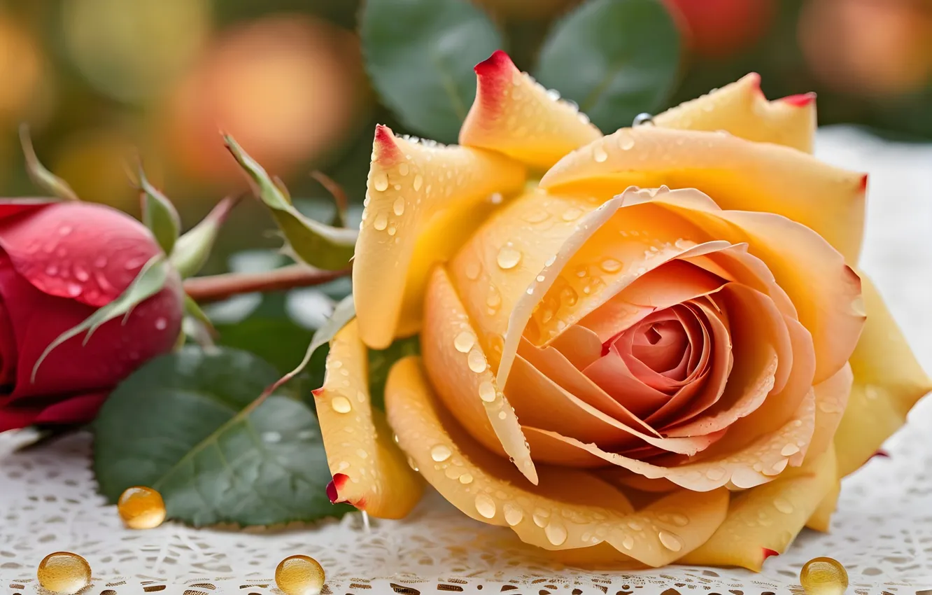 Photo wallpaper drops, flowers, Rosa, roses, stones