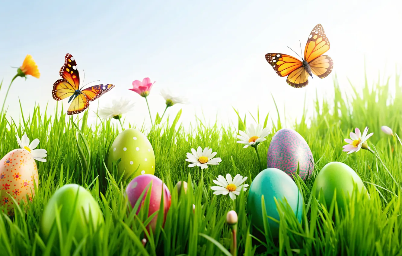 Photo wallpaper flowers, eggs, spring, colorful, Easter, flowers, spring, Easter