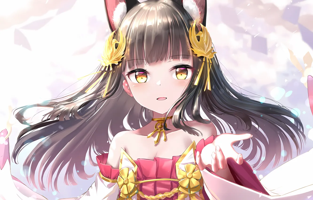 Photo wallpaper girl, sexy, cleavage, blouse, long hair, brown hair, boobs, animal ears