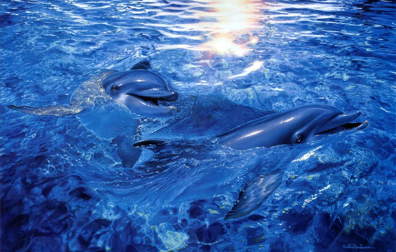 Photo wallpaper sea, water, art, dolphins, Christian Riese Lassen