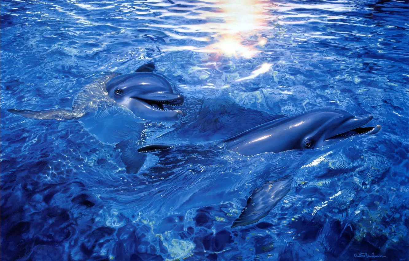 Photo wallpaper sea, water, art, dolphins, CHRISTIAN RIESE LASSEN