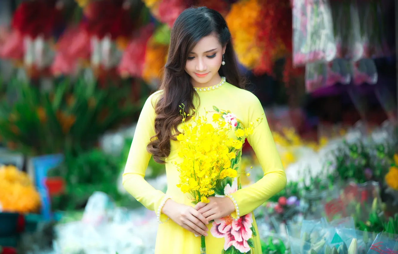 Photo wallpaper girl, flowers, pose