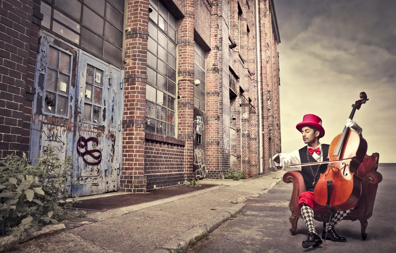 Photo wallpaper creative, street, violin, chair, hat, shoes, chain, gloves