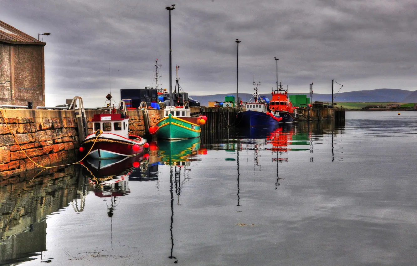 Photo wallpaper the sky, mountains, clouds, lake, ship, pier, harbour