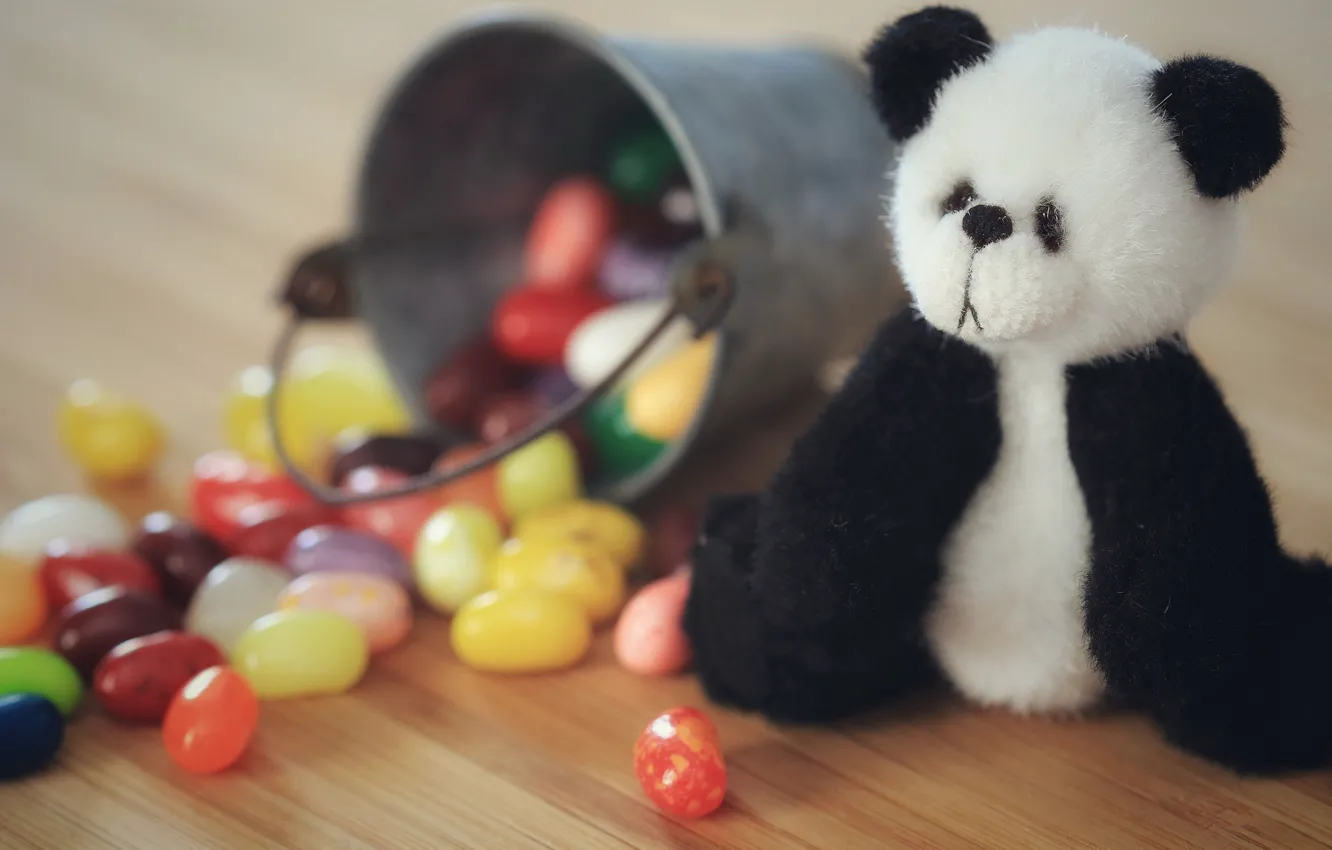 Photo wallpaper childhood, table, background, toy, bear, candy, bear, Panda