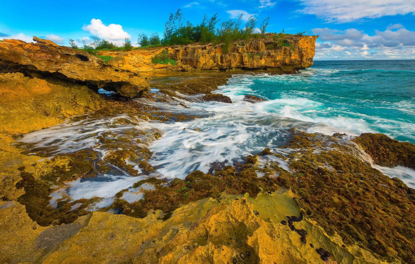 Photo wallpaper sea, clouds, rocks, Hawaii, USA