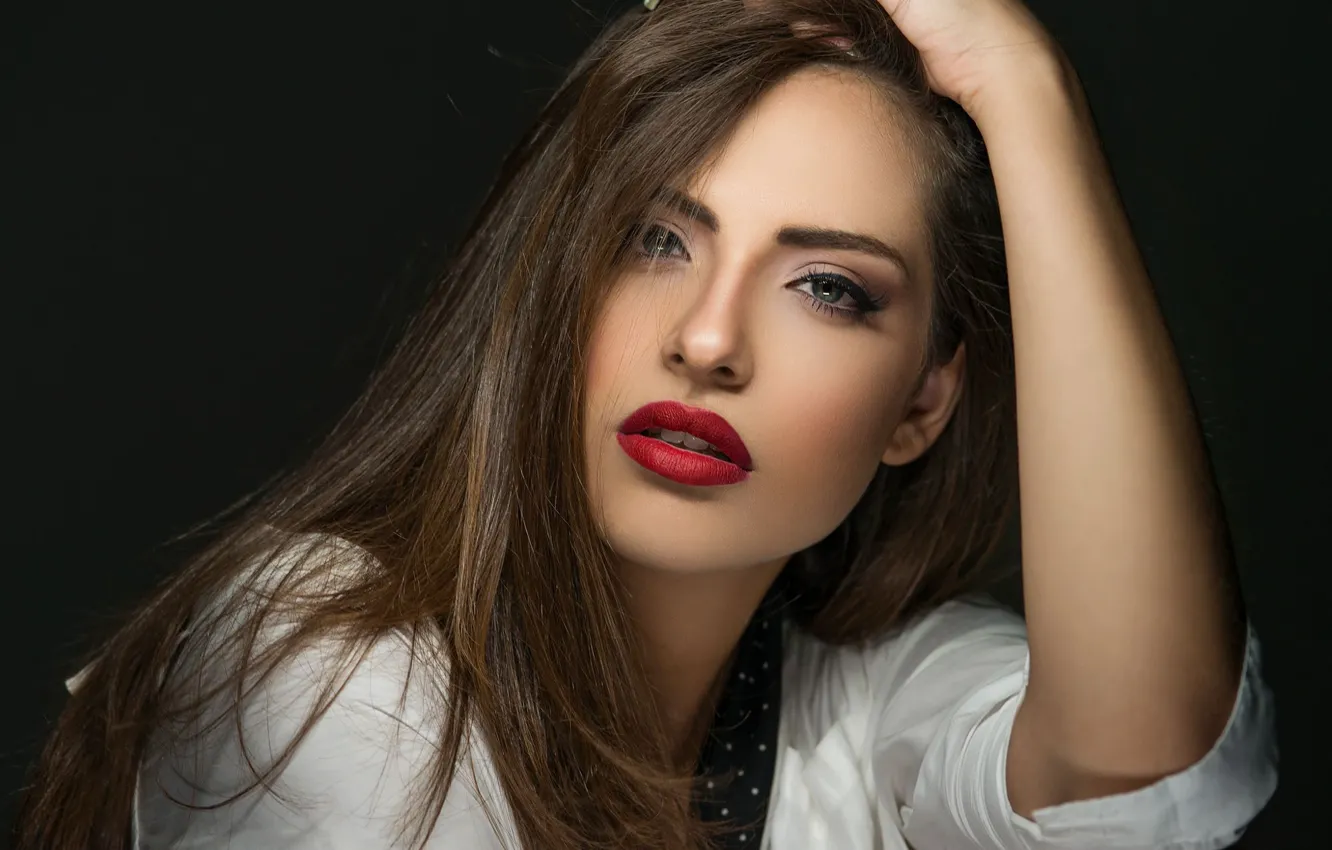 Photo wallpaper look, girl, pose, model, makeup, brunette, lips, Manthos Tsakiridis